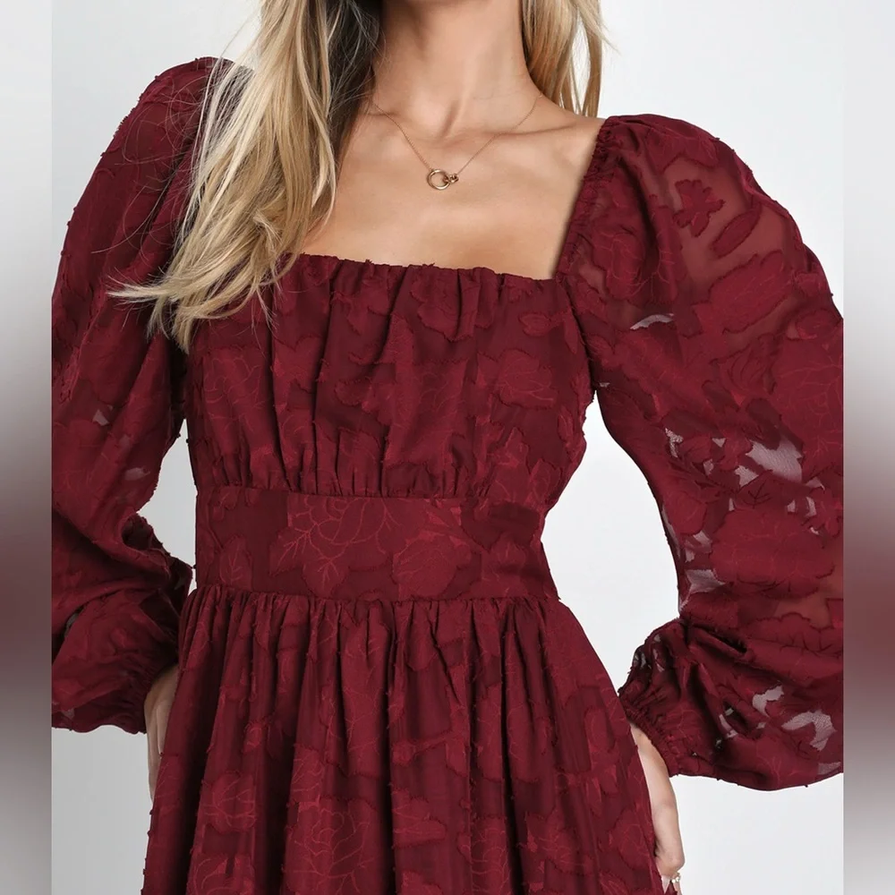 Lulus Burgundy Floral Long Sleeve Lace-Up Back Midi Dress - Picture 4 of 8